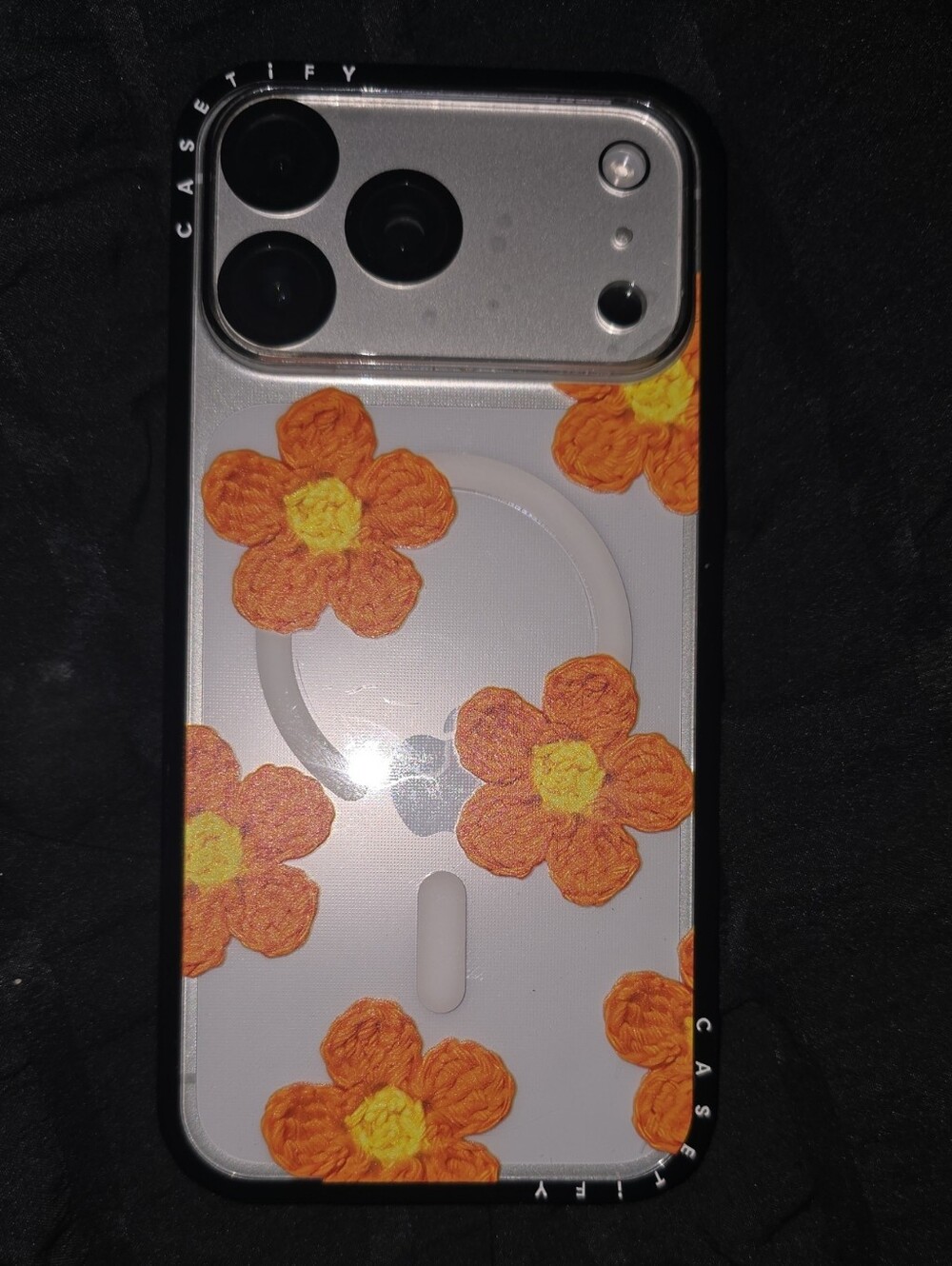 Iphone 17 PRO MAX Casetify Clear MagSafe Case with Orange/Yellow Crochet Flowers
